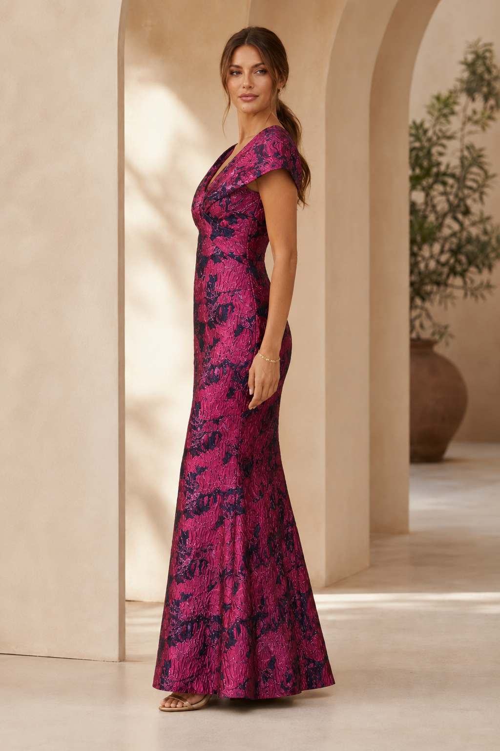 Vestido de noche de sirena de jacquard con hombros descubiertos