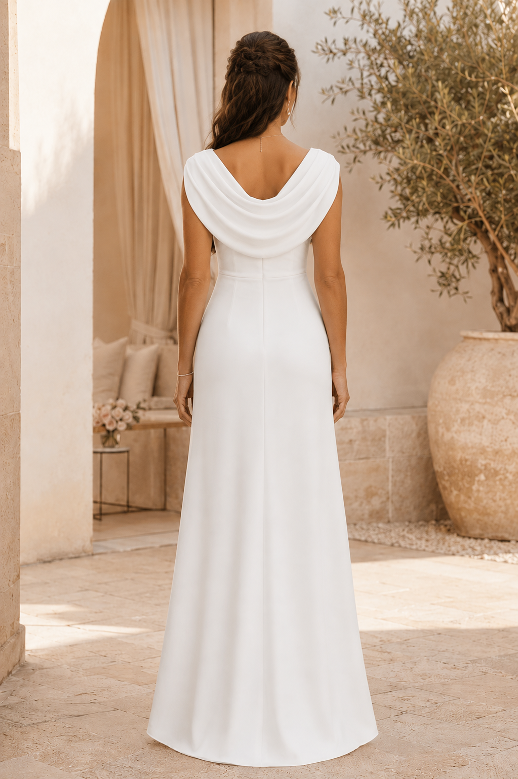 Vestido de noche largo con cuello desbocado y fruncido