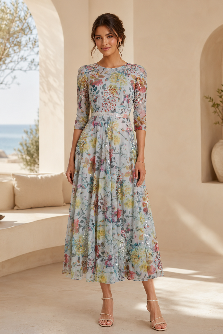 Vestido Midi Floral de Lentejuelas con Mangas 3/4