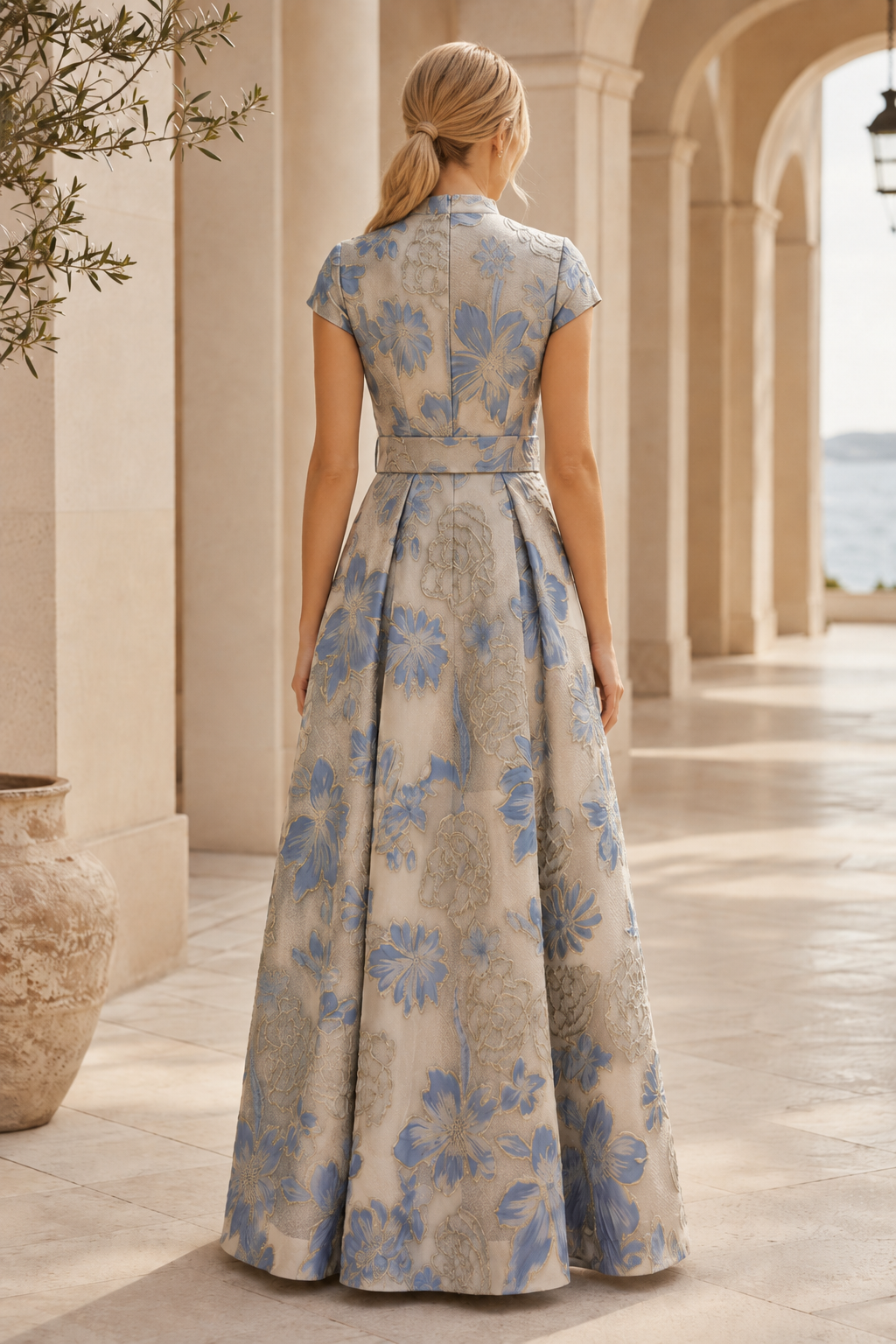 Vestido largo acampanado de jacquard floral con cinturón