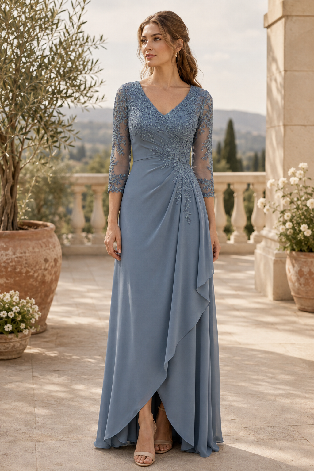Vestido maxi con corpiño de encaje, manga 3/4 y drapeado