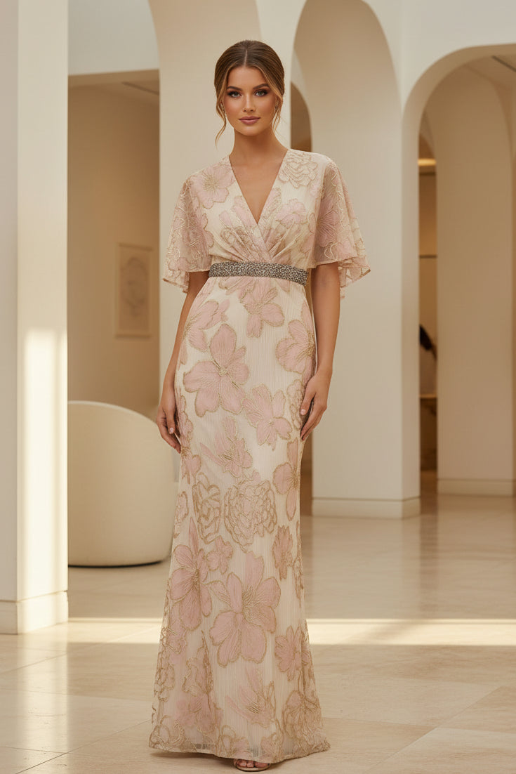 Vestido de Noche con Encaje Floral, Manga de Volantes y Escote en V