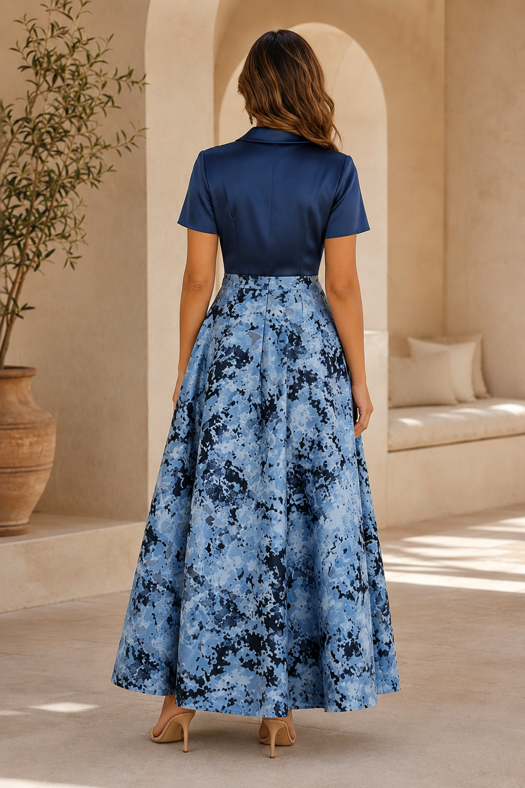 Vestido largo jacquard elegante de manga corta y corte A