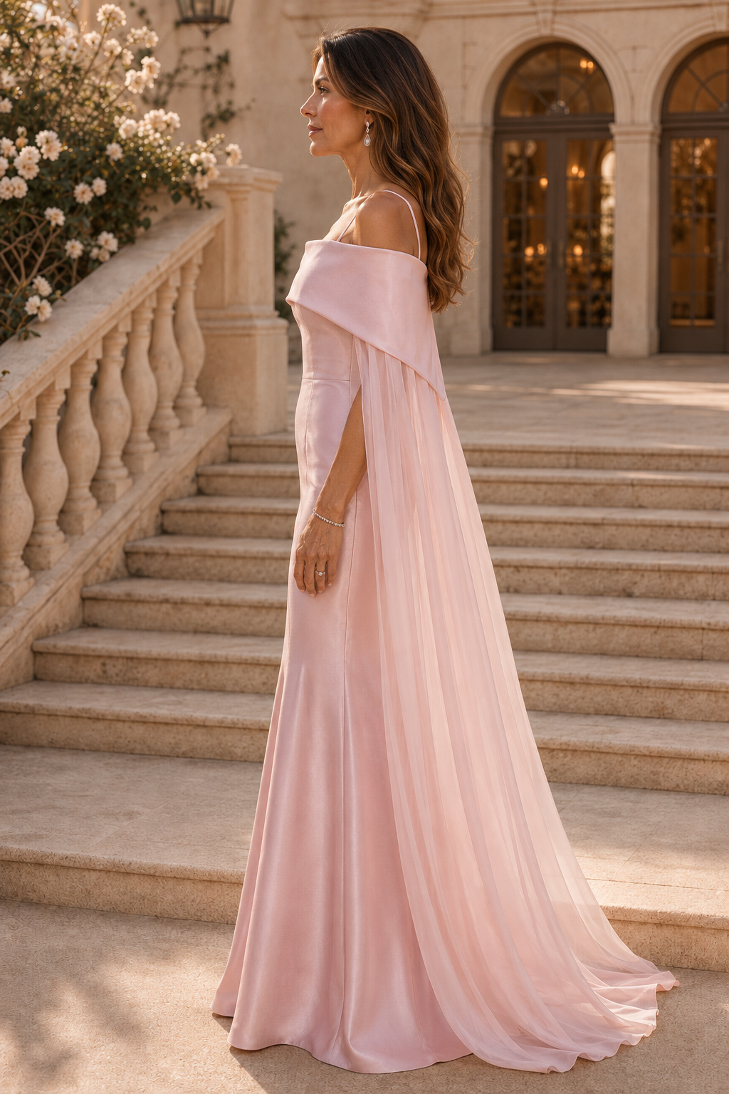 Vestido de noche sirena con capa superpuesta