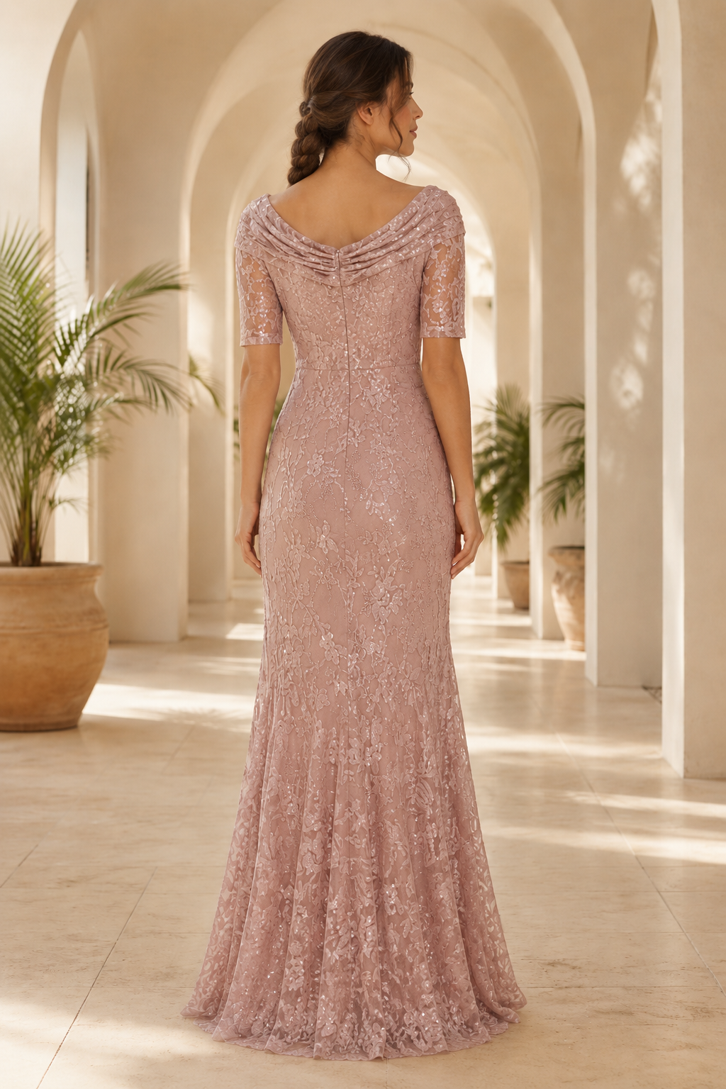 Vestido de noche de sirena de encaje con cuello vuelto