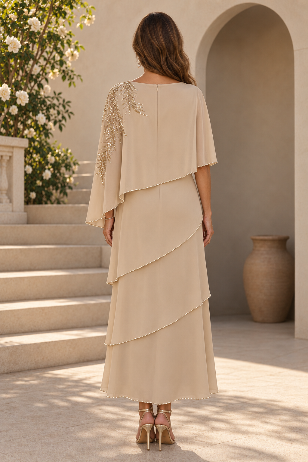 Vestido tipo capa escalonada con ribete de perlas
