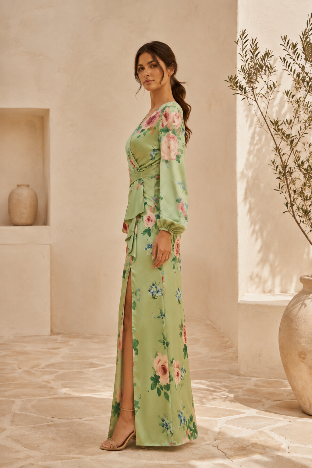 Vestido maxi de satén floral de manga larga con abertura