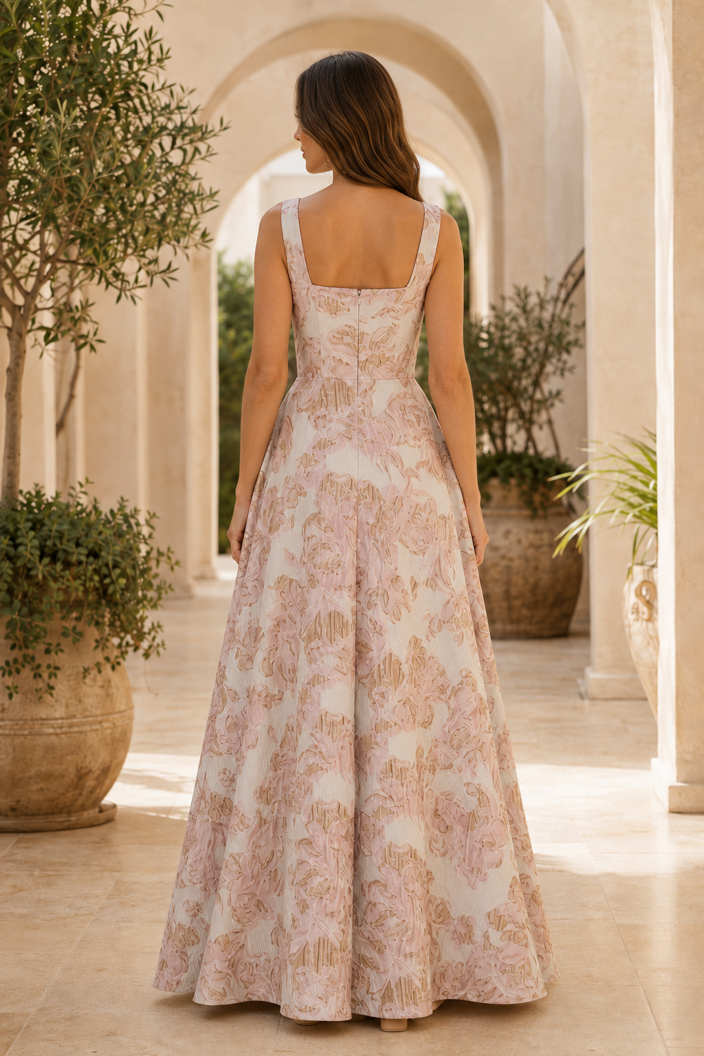 Vestido de jacquard floral corte A con cuello cuadrado y falda con volantes