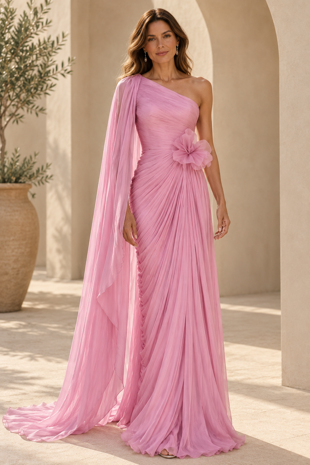 One-Shoulder Pleated Gown with Cape & 3D Flower