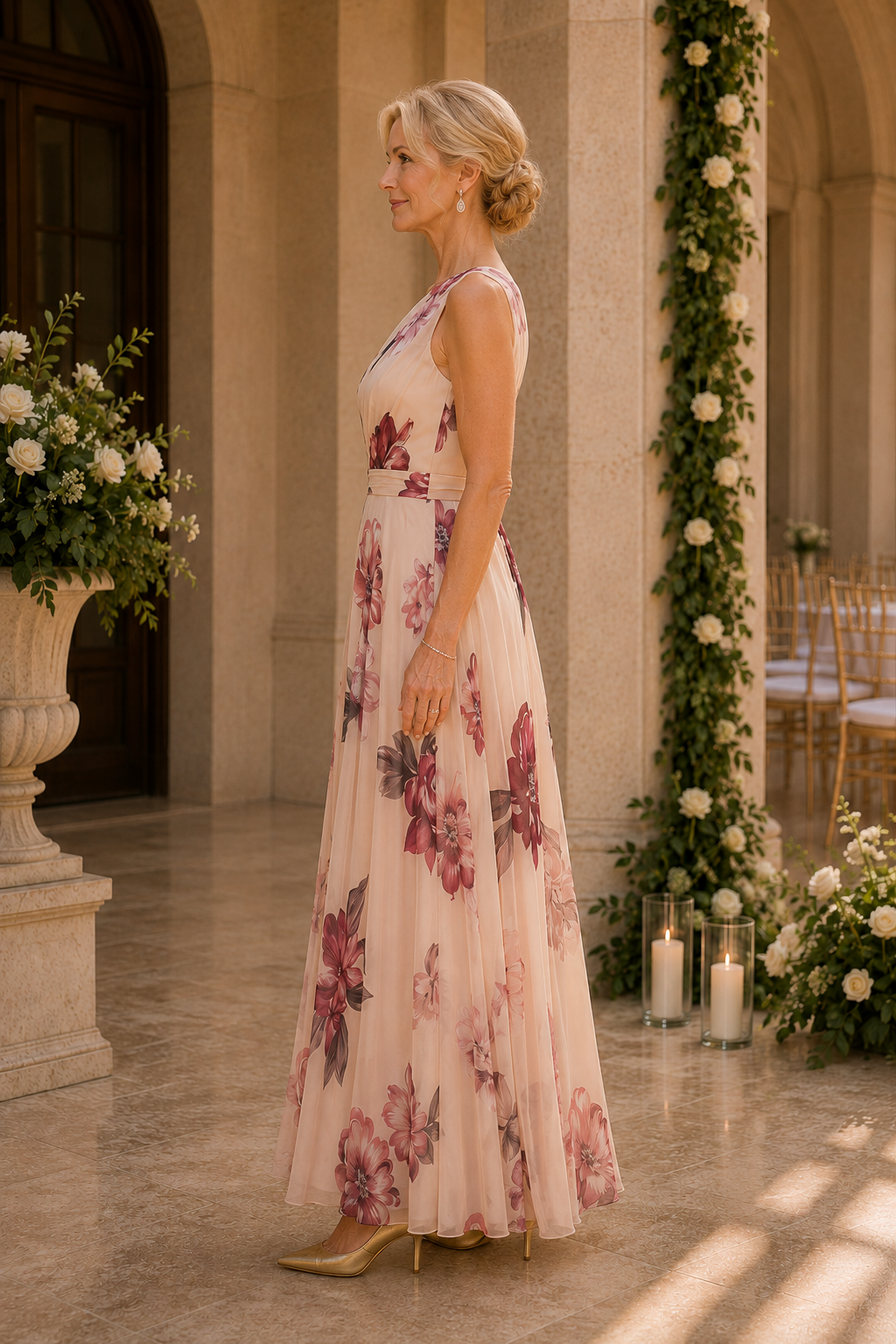 Vestido largo floral de un solo hombro con corte en A