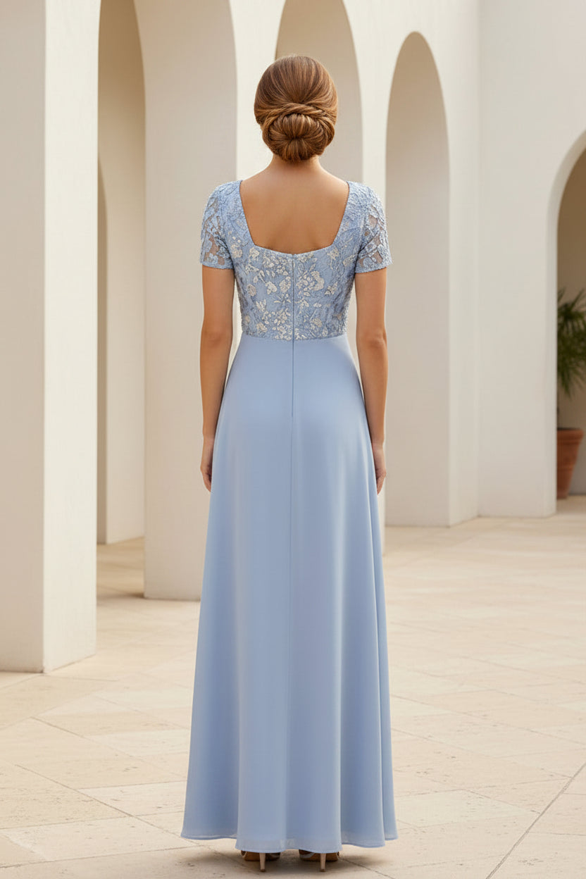 Vestido de fiesta formal de gasa con escote cuadrado y corpiño de encaje en línea A