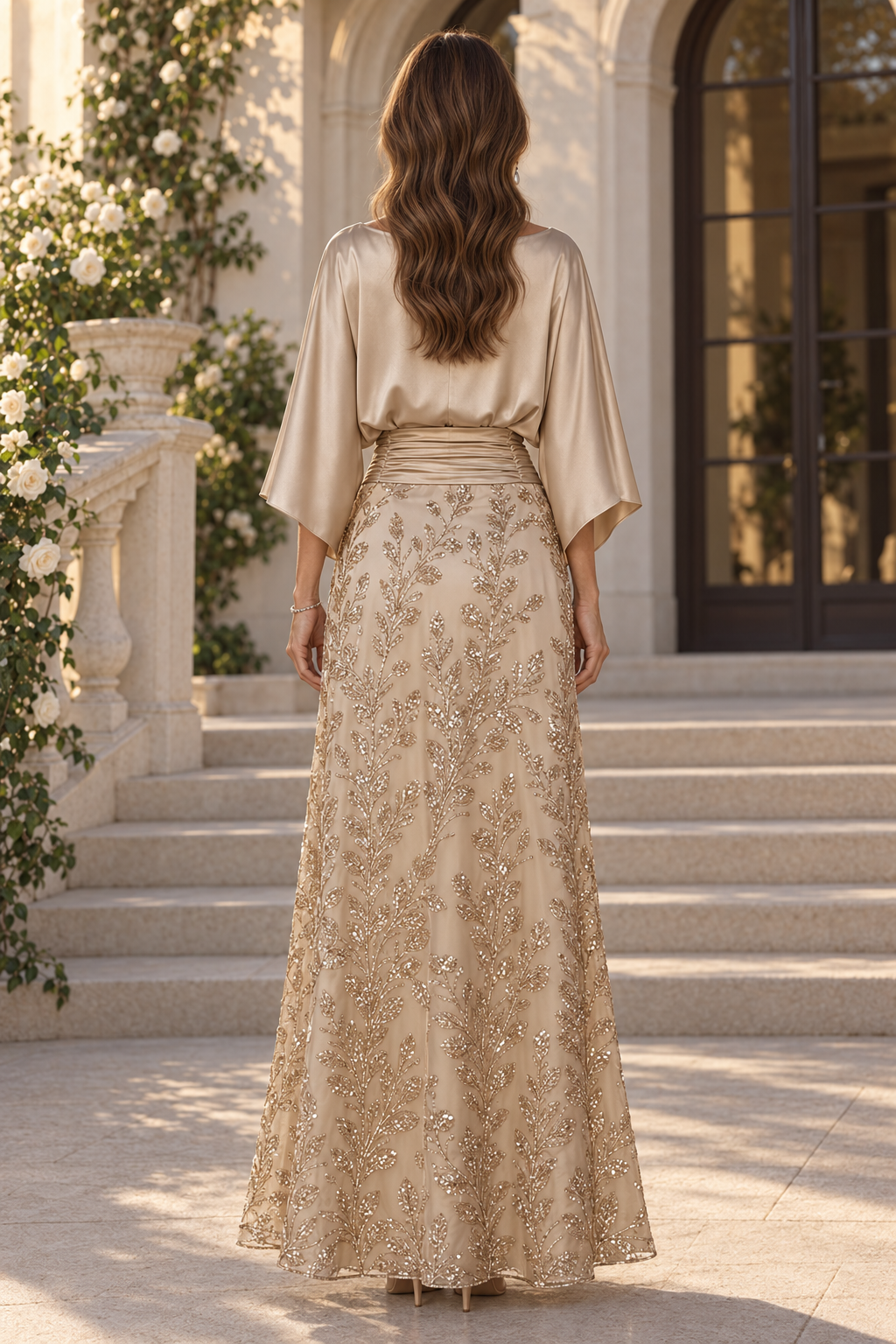 Vestido de raso con cuerpo tipo capelina y falda de lentejuelas