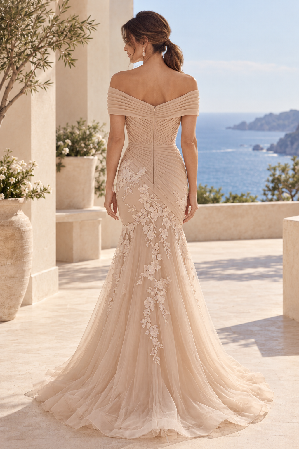 Off-the-Shoulder Pleated Lace Mermaid Gown