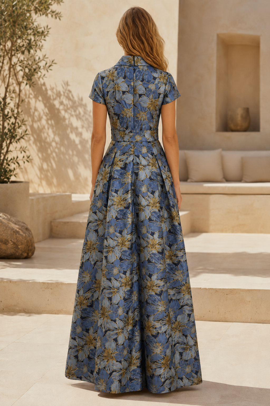 Vestido maxi de manga corta con cuello y estampado floral, con bolsillos