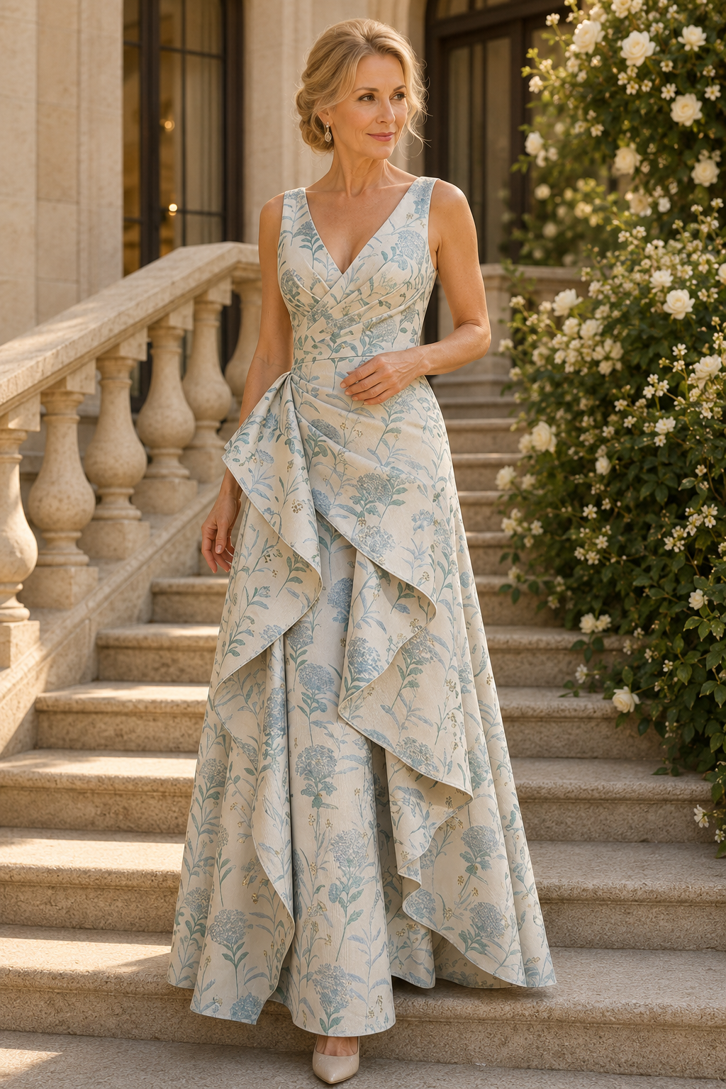 Vestido largo con cuello en V de jacquard floral y fruncido lateral