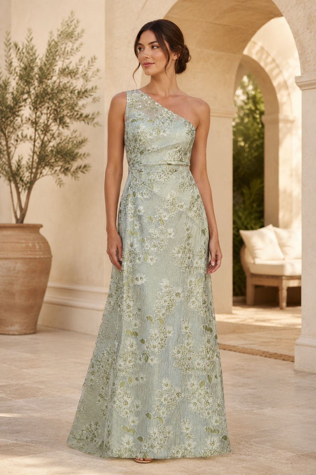 Vestido de noche acampanado de jacquard floral con un hombro