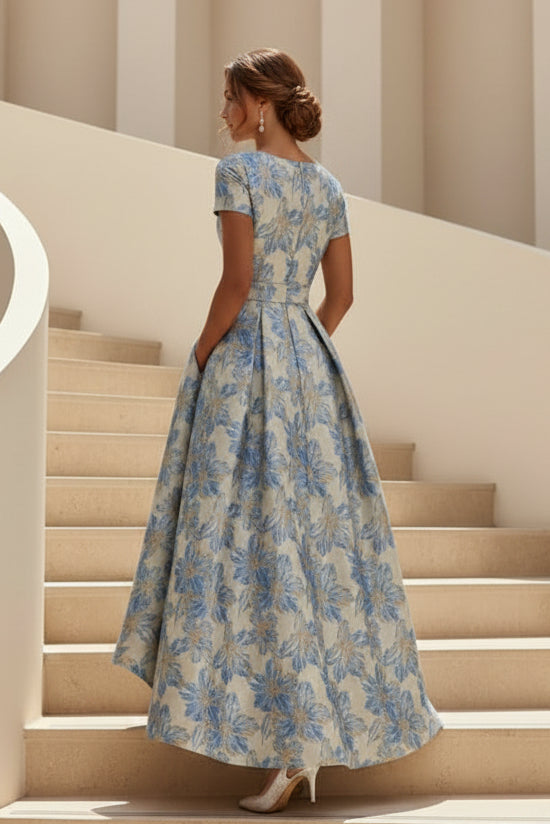 Vestido de gala estilo A-line con jacquard floral y dobladillo asimétrico
