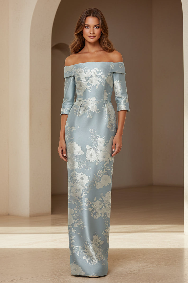 Vestido largo columna de jacquard floral metálico con hombros descubiertos