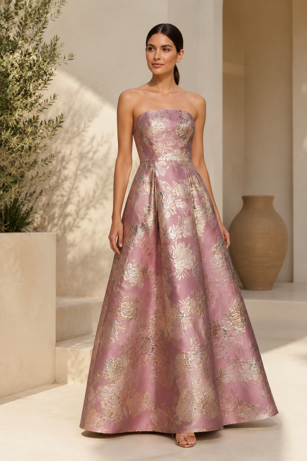 Vestido de noche acampanado sin tirantes de jacquard floral