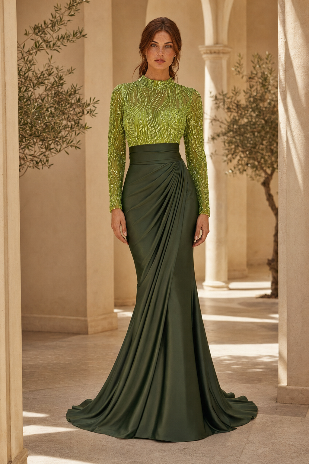 Vestido de Noche Sirena con Ilusión y Cuello Alto Adornado con Cuentas