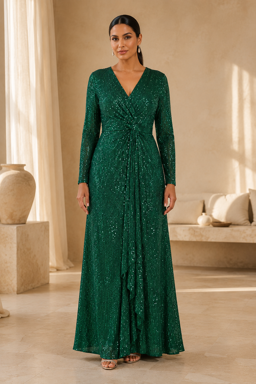 Vestido largo de lentejuelas con falda delantera drapeada