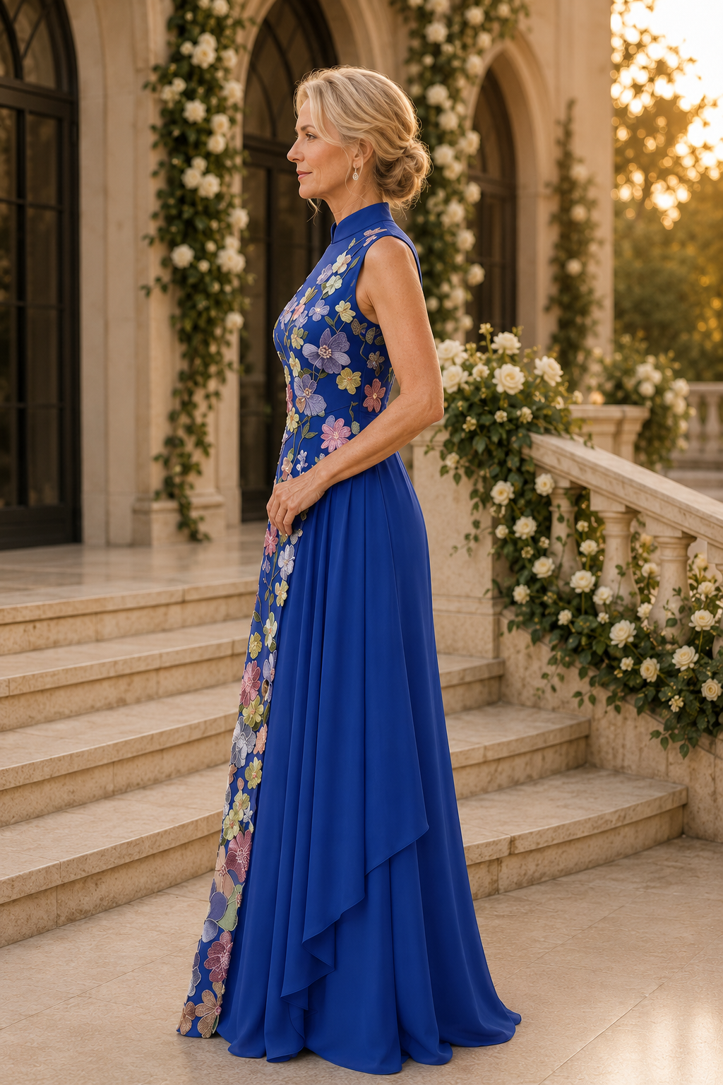 Vestido de noche acampanado con cuello alto y bordado floral