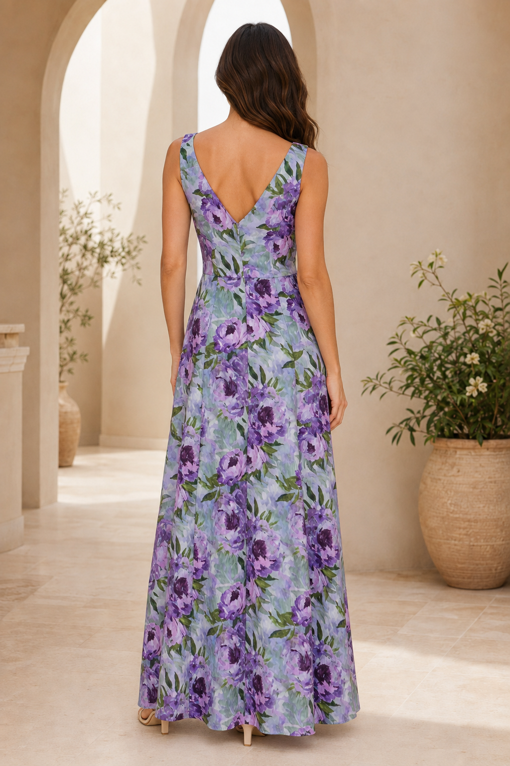 Vestido largo de corte A con estampado floral y escote cuadrado