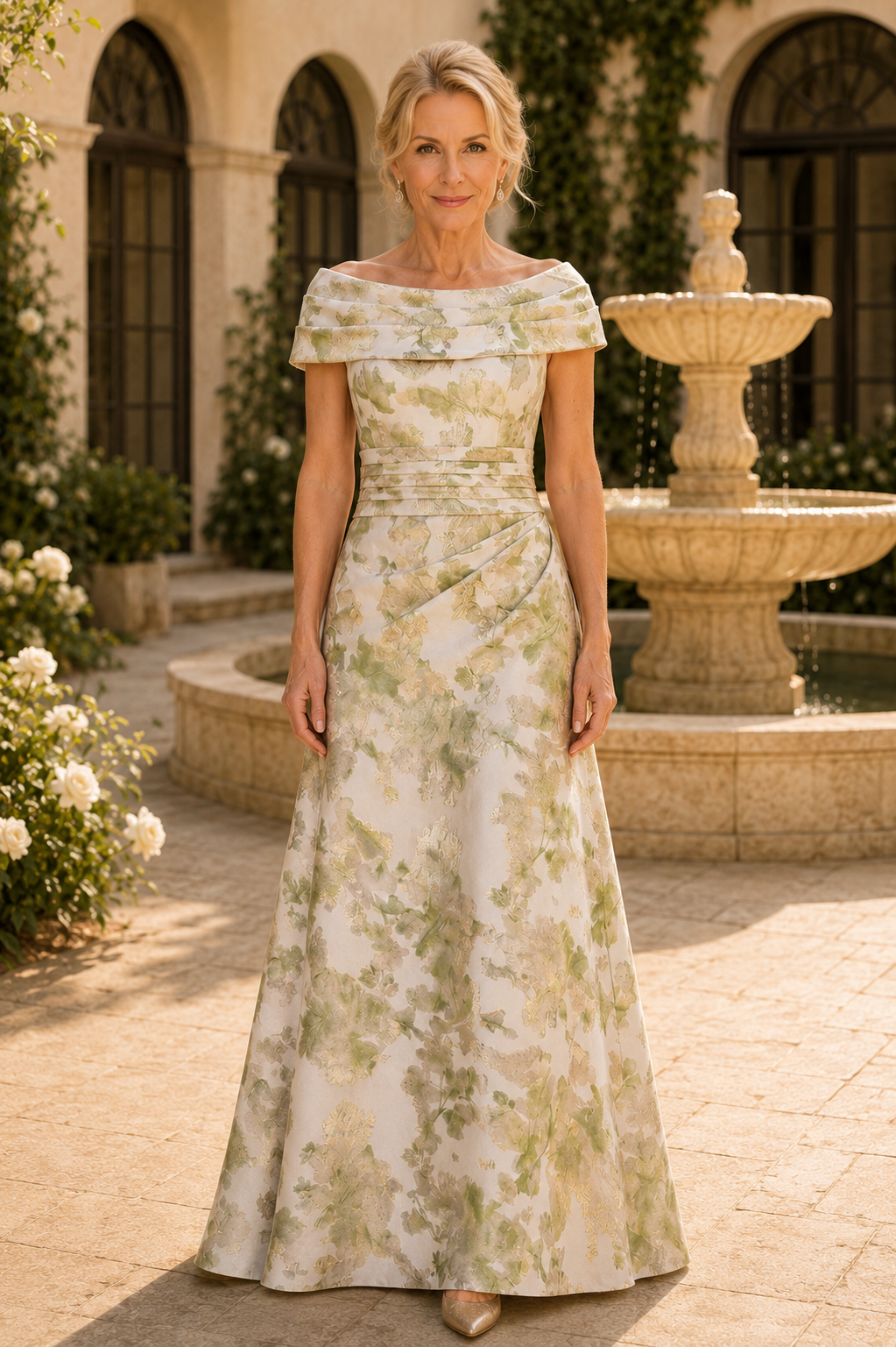 Vestido largo plisado con estampado floral, hombros descubiertos y corte en A