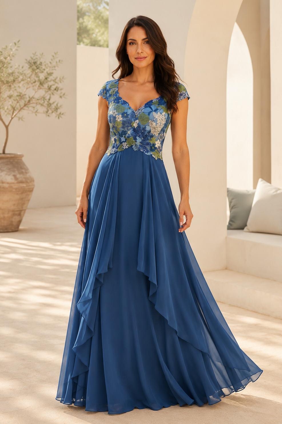 Vestido de noche acampanado con bordado floral y mangas casquillo