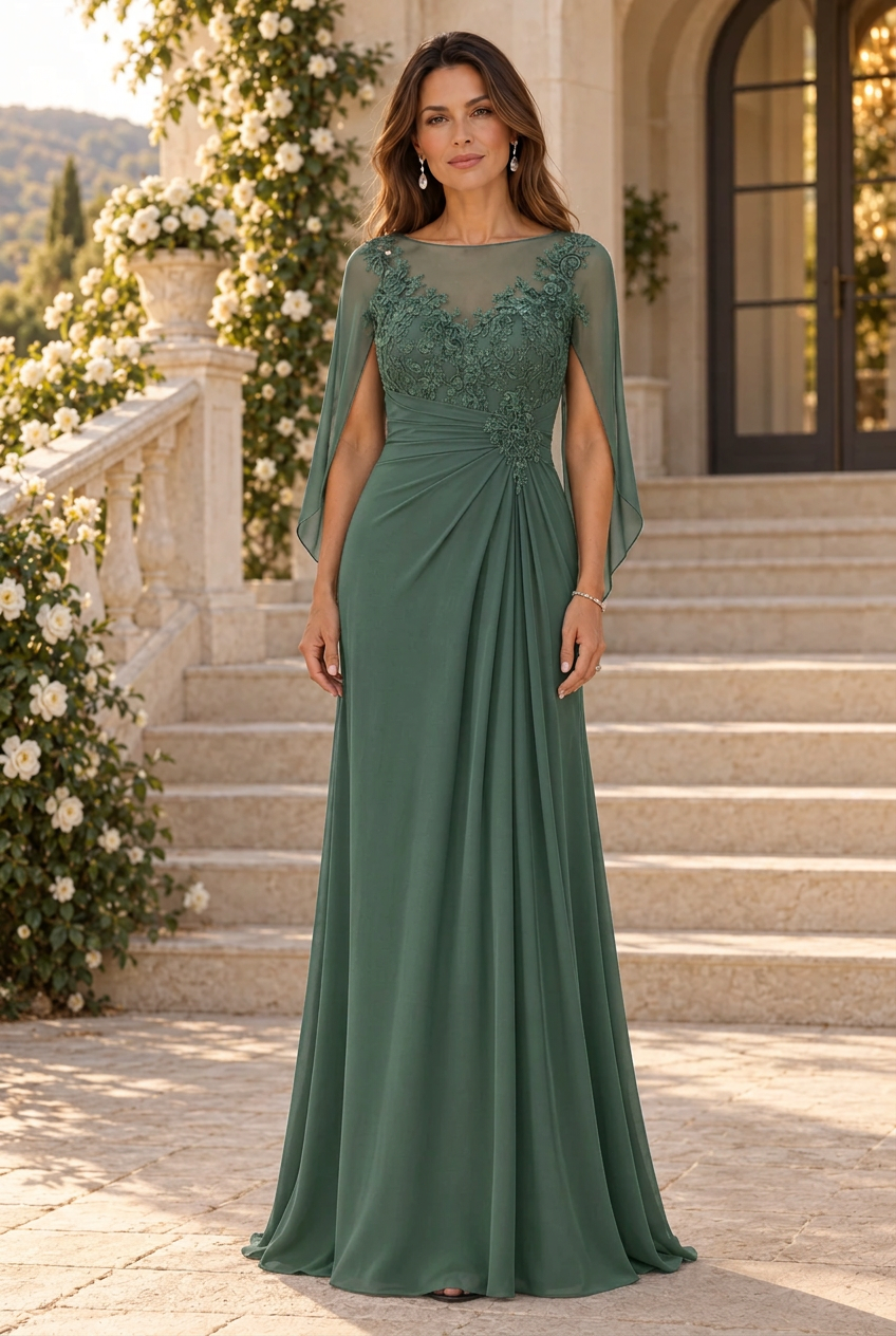 Vestido de Noche con Capa, Escote Ilusión y Aplicaciones