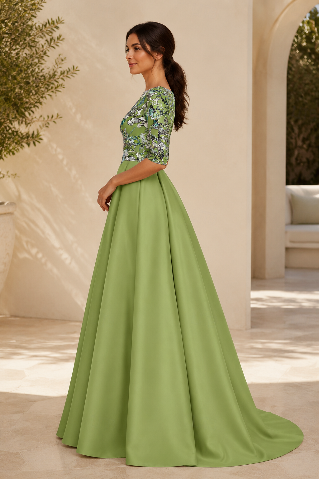 Vestido de raso acampanado con bordado floral y manga tres cuartos