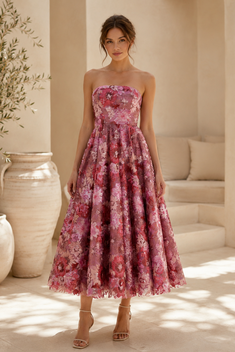 Vestido sin tirantes de largo té con bordado floral