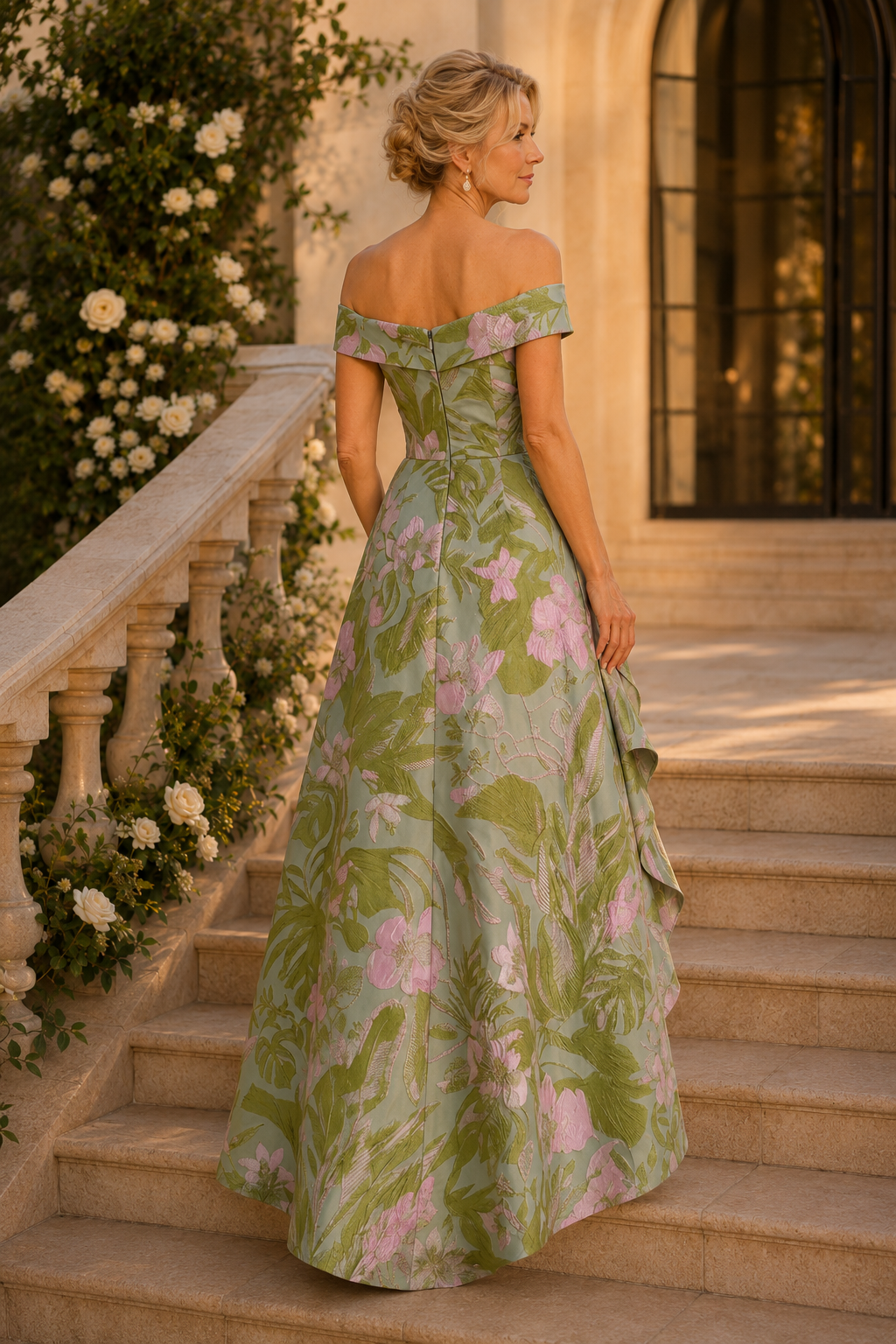 Vestido largo en jacquard floral con cascada de volantes y hombros descubiertos