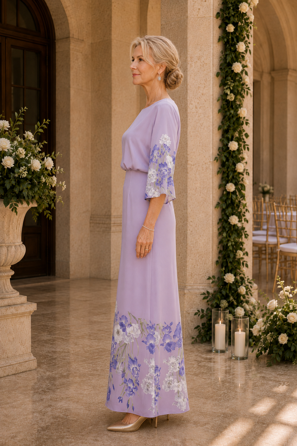 Maxivestido con estampado floral en el dobladillo y manga francesa