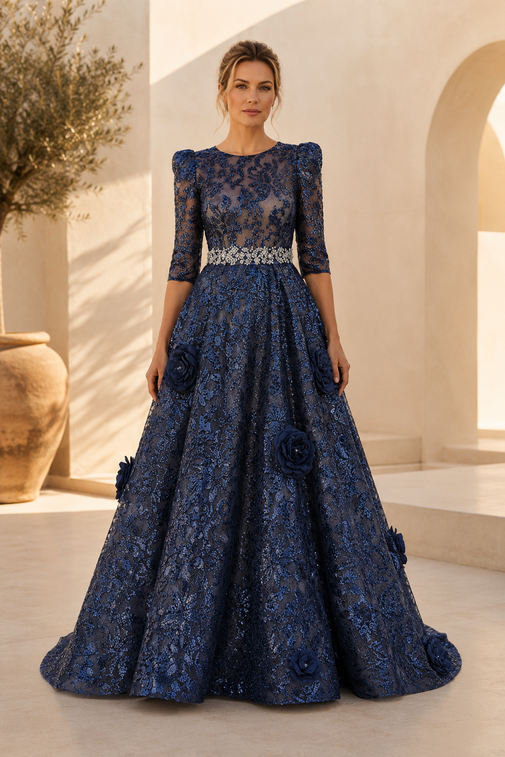 Vestido de encaje con apliques florales 3D y cintura con cuentas