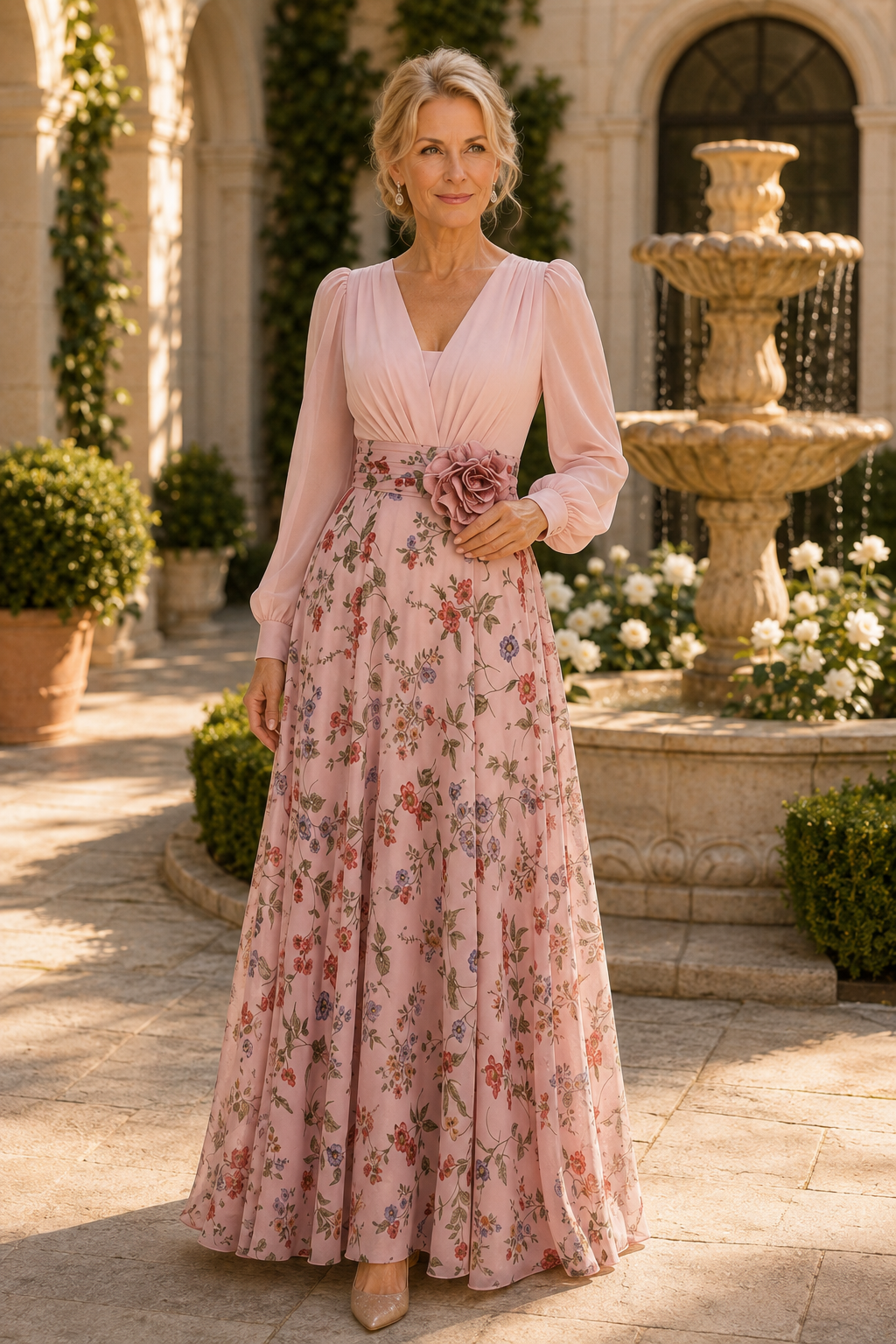 Vestido maxi floral corte A con manga larga