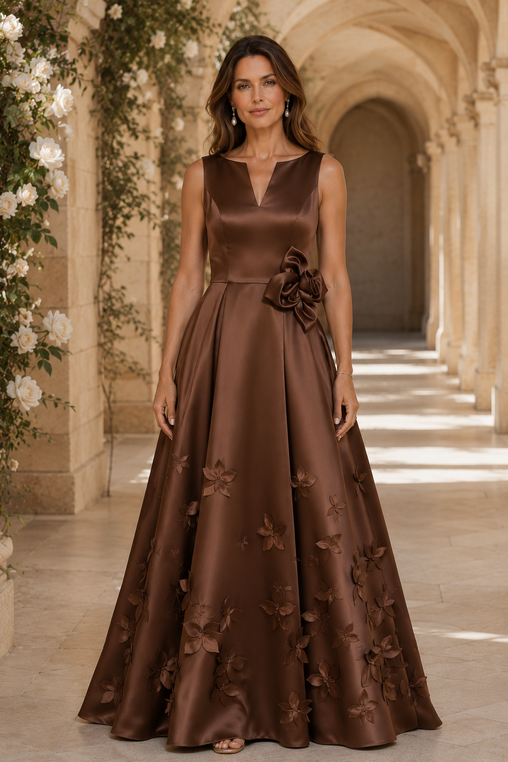 Vestido sin mangas con corte en A y apliques florales 3D