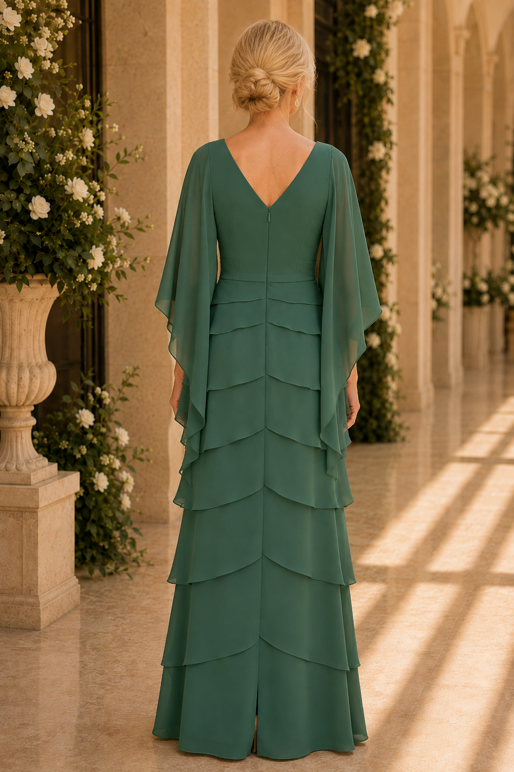 Maxivestido escalonado con mangas con volantes
