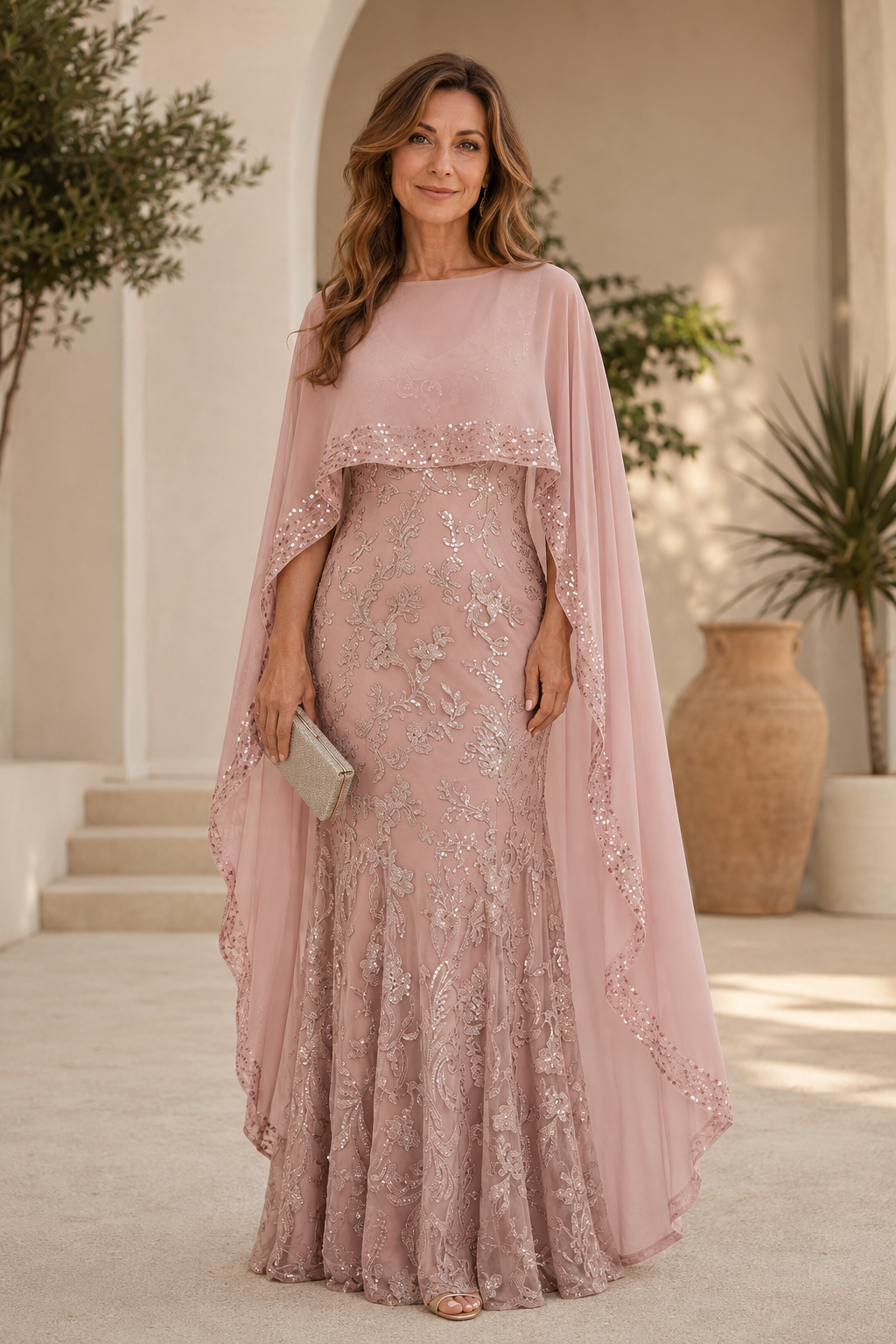 Vestido de gala formal de lentejuelas bordadas con capelina
