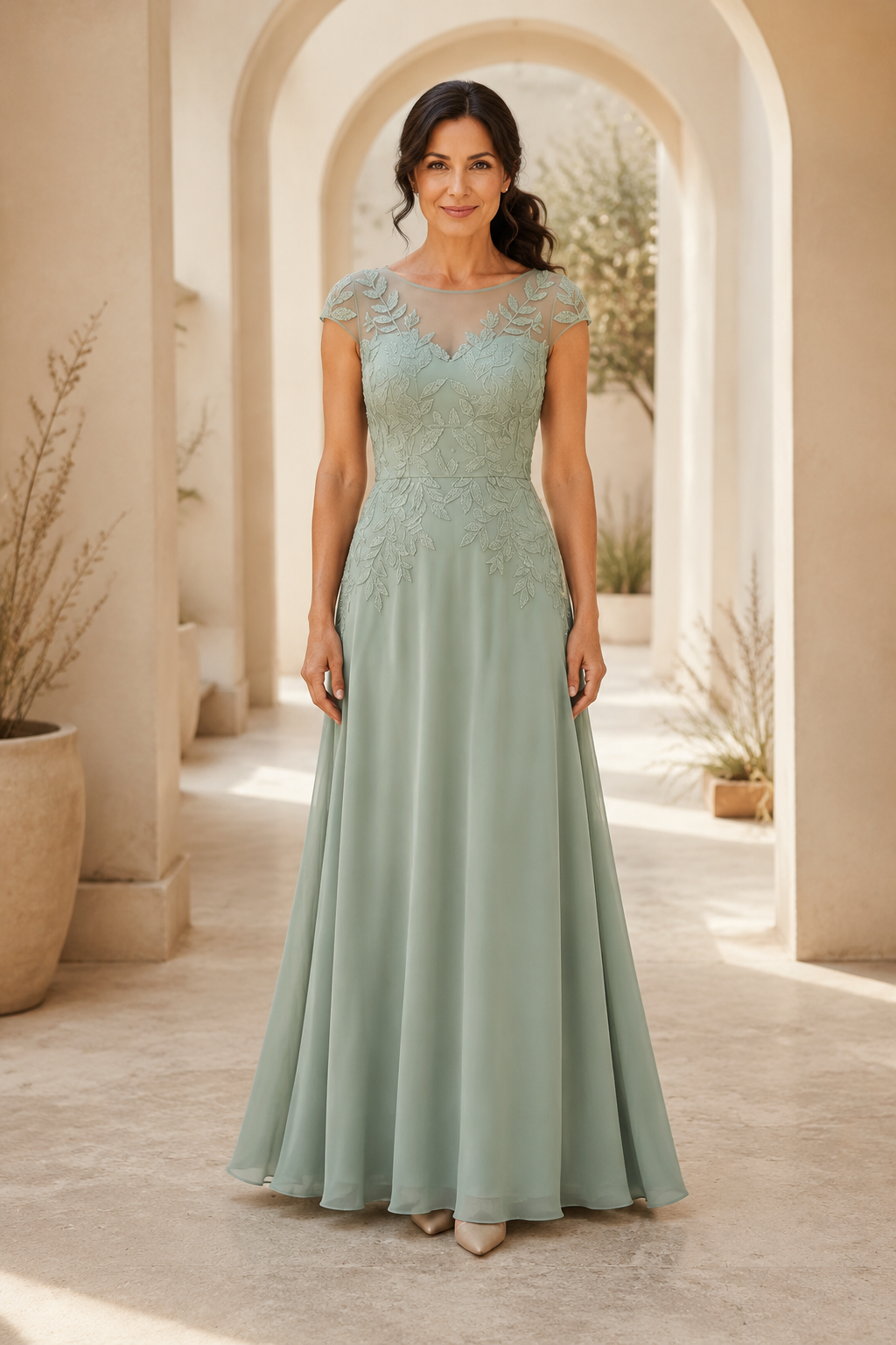 Vestido de Noche Acampanado con Escote Ilusión y Aplicaciones de Encaje de Hojas