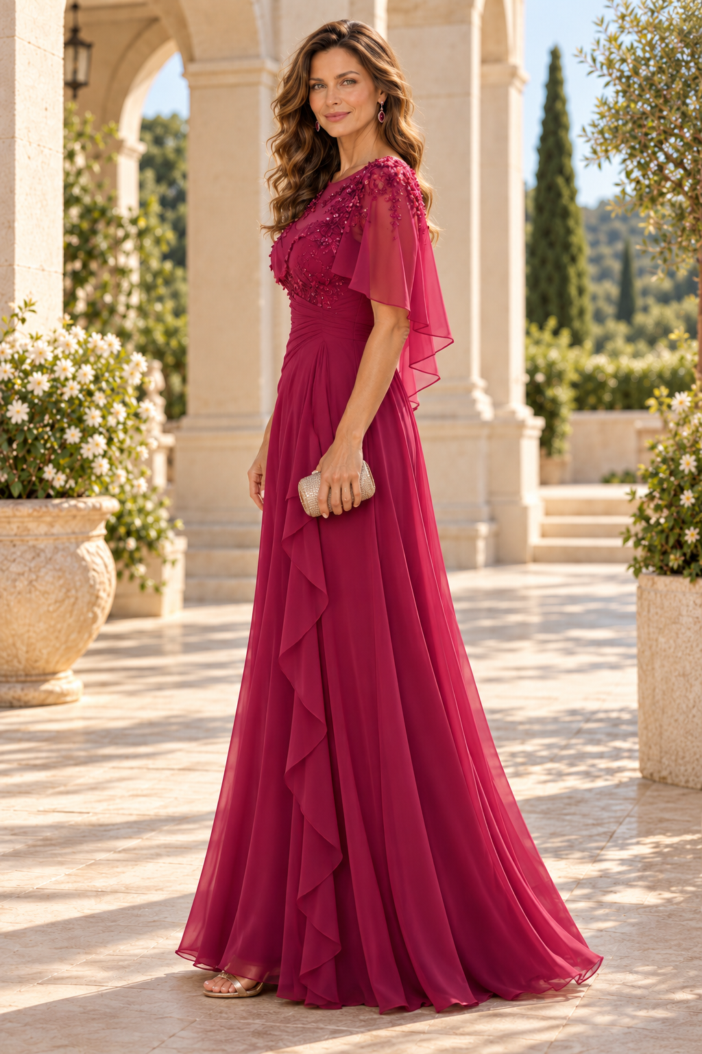 A-Line Capelet Evening Gown with Beaded Florals