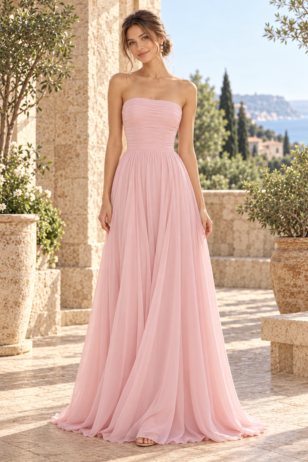 Strapless Ruched Bodice A-Line Chiffon Maxi Gown