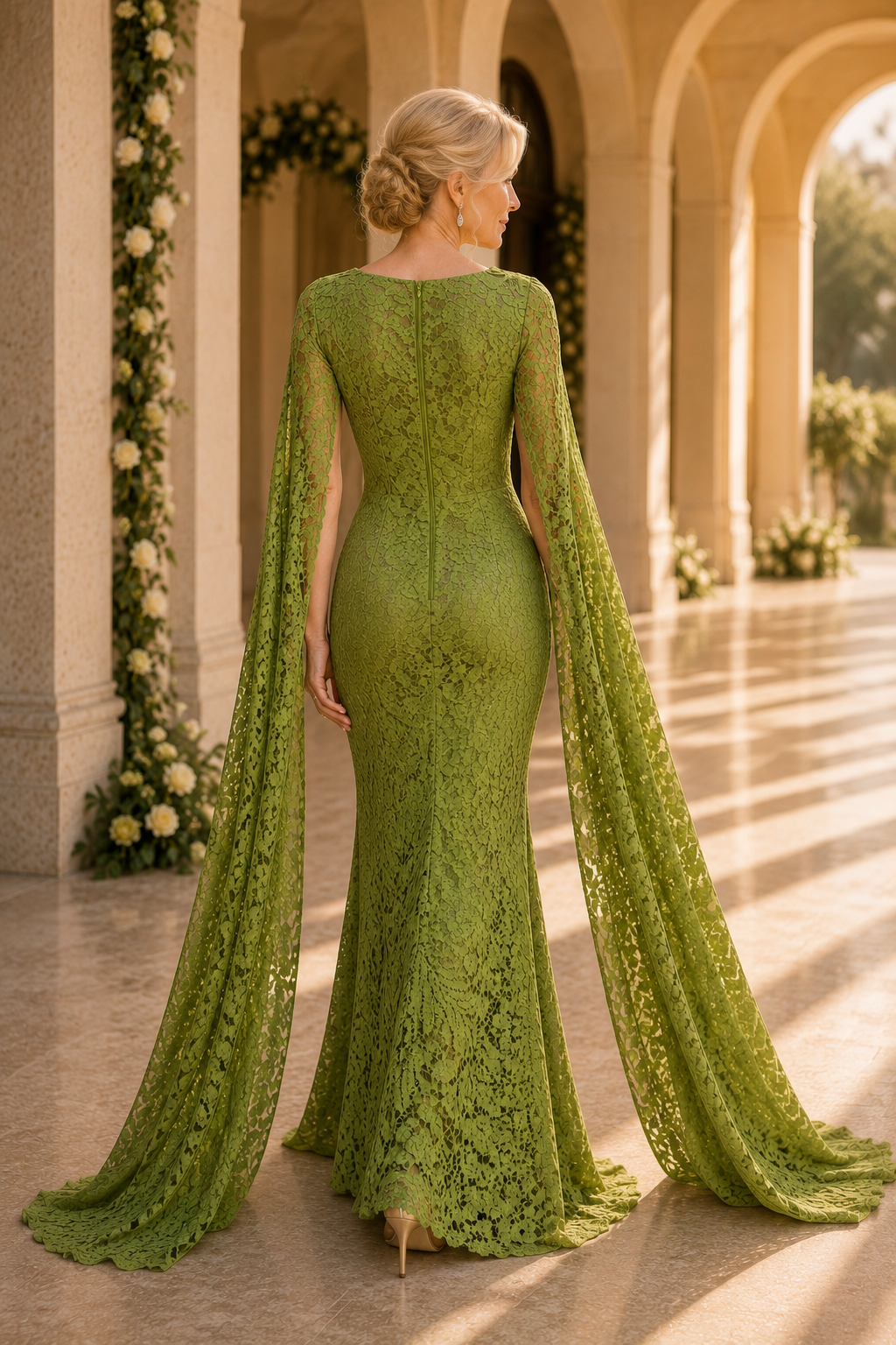 Vestido de noche sirena con capa de encaje en las mangas