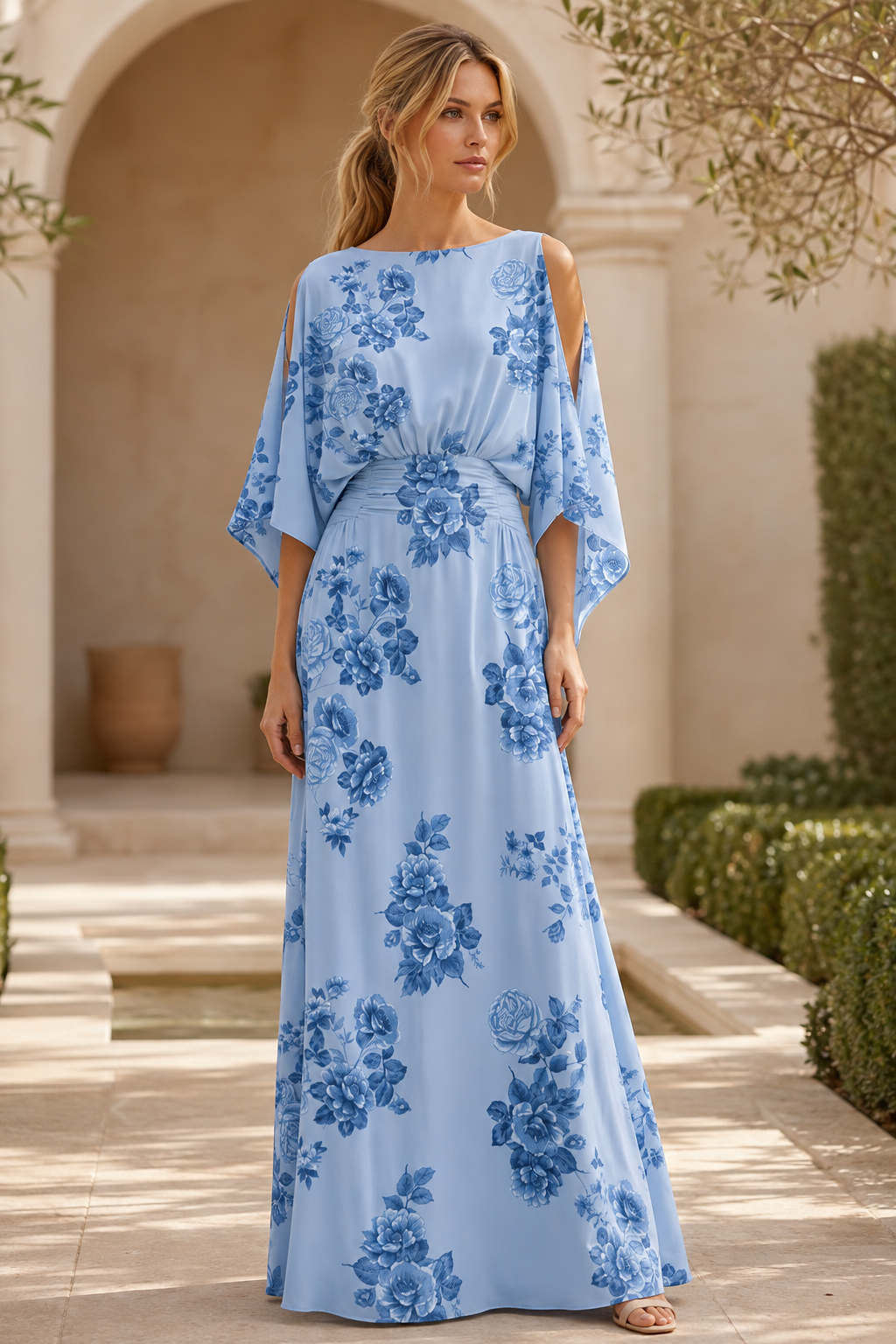 Vestido maxi floral con hombros descubiertos y manga murciélago
