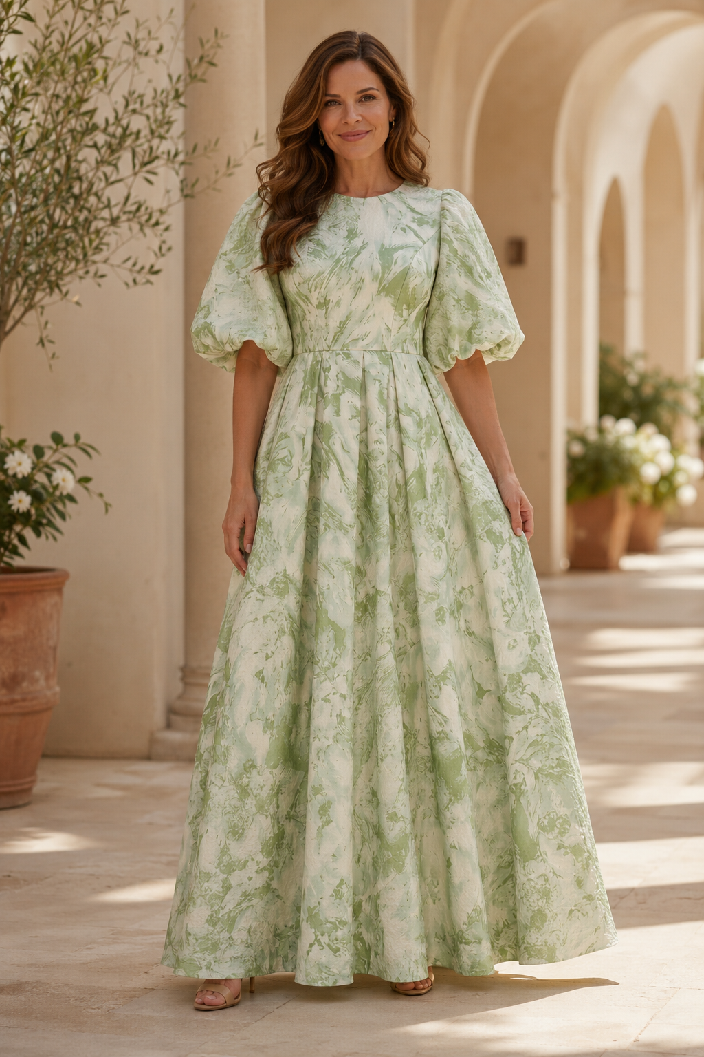 Vestido largo floral con pliegues, manga abullonada y corte en A