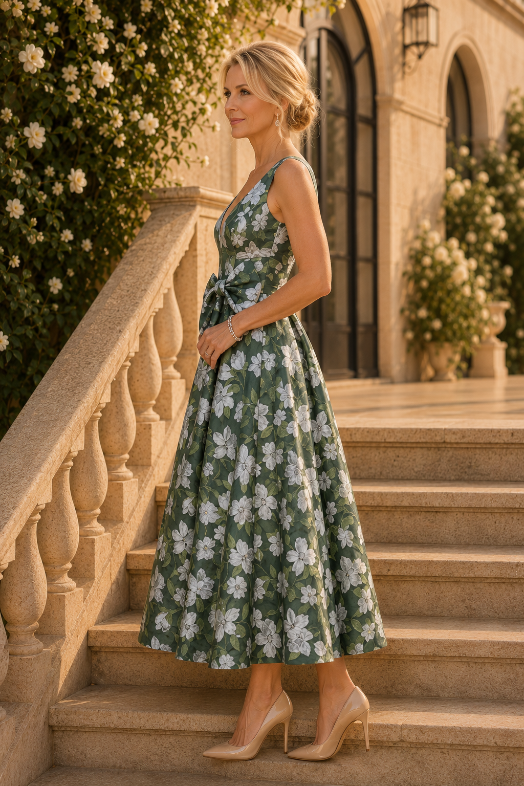 Vestido acampanado floral con escote en V pronunciado y lazo decorativo
