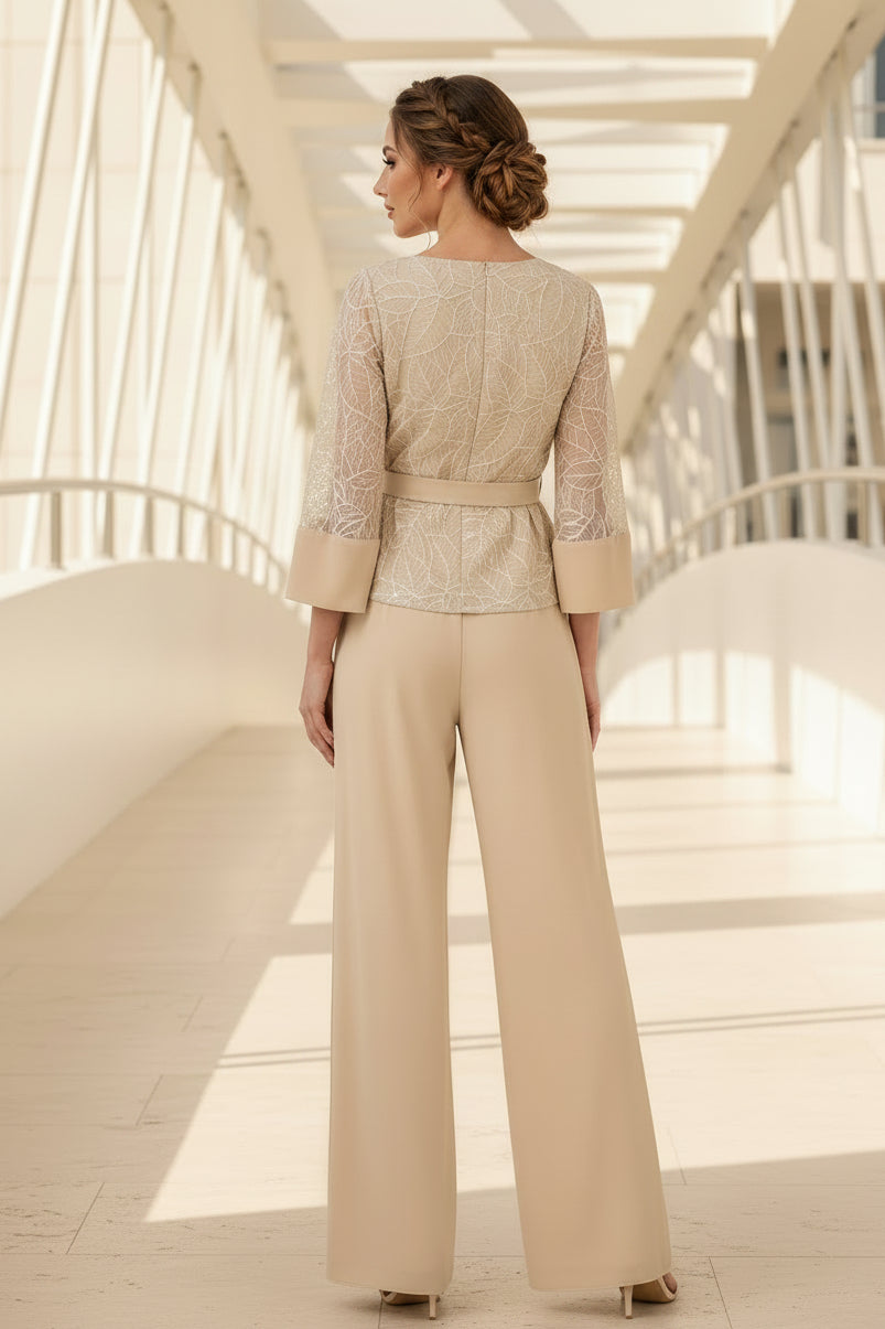 Conjunto de dos piezas de top de encaje de lentejuelas y pantalón de pierna ancha