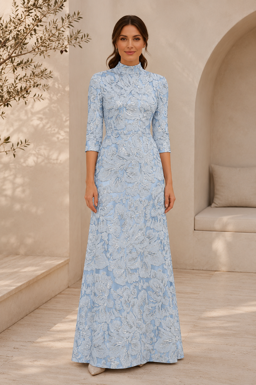 Vestido largo de jacquard floral de cuello alto con mangas 3/4