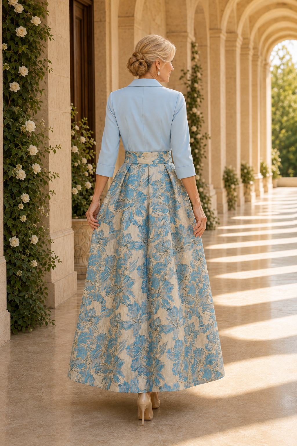 Vestido largo jacquard floral con cuello y corpiño cruzado