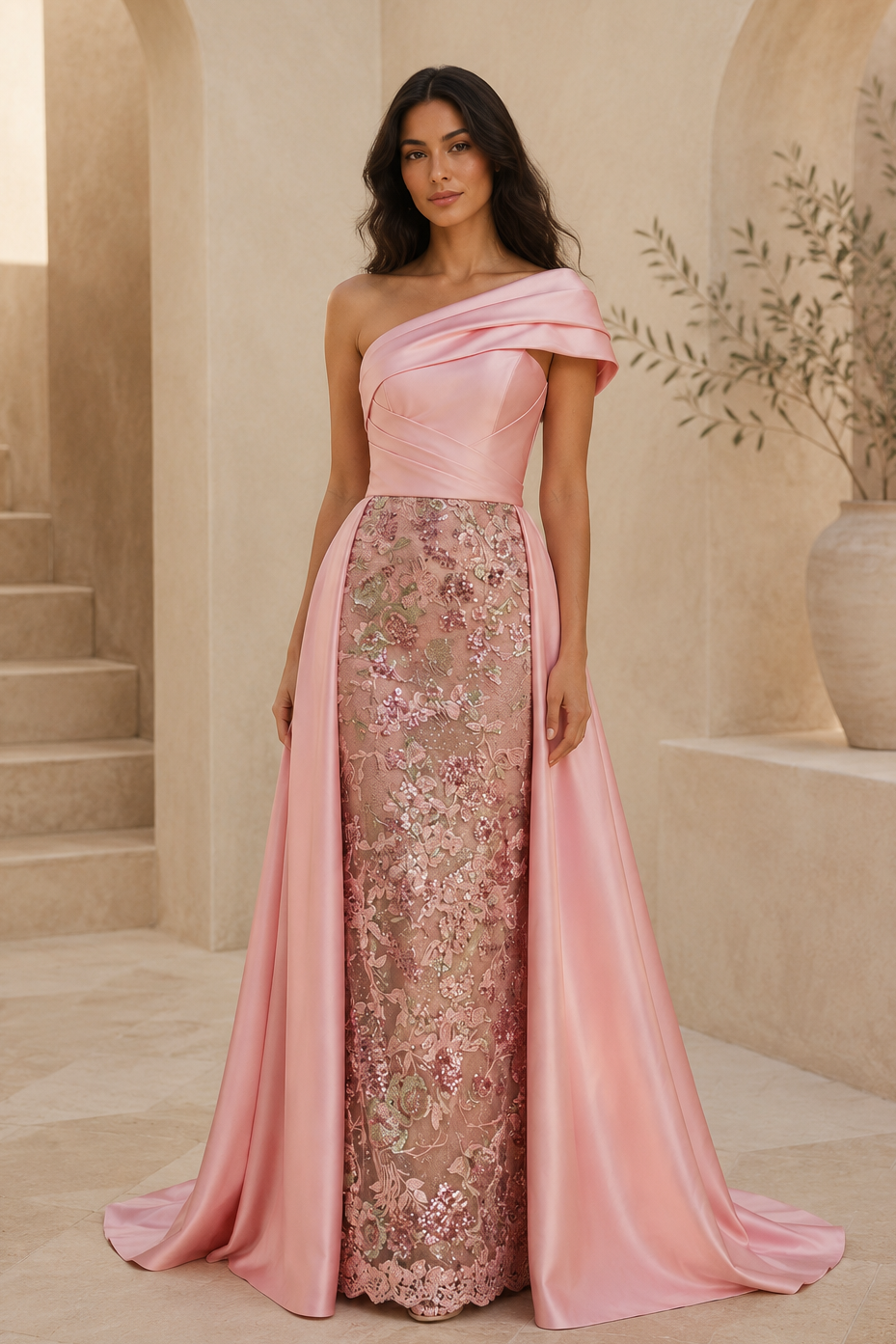 Vestido de noche con lentejuelas florales de un solo hombro y sobrefalda de satén